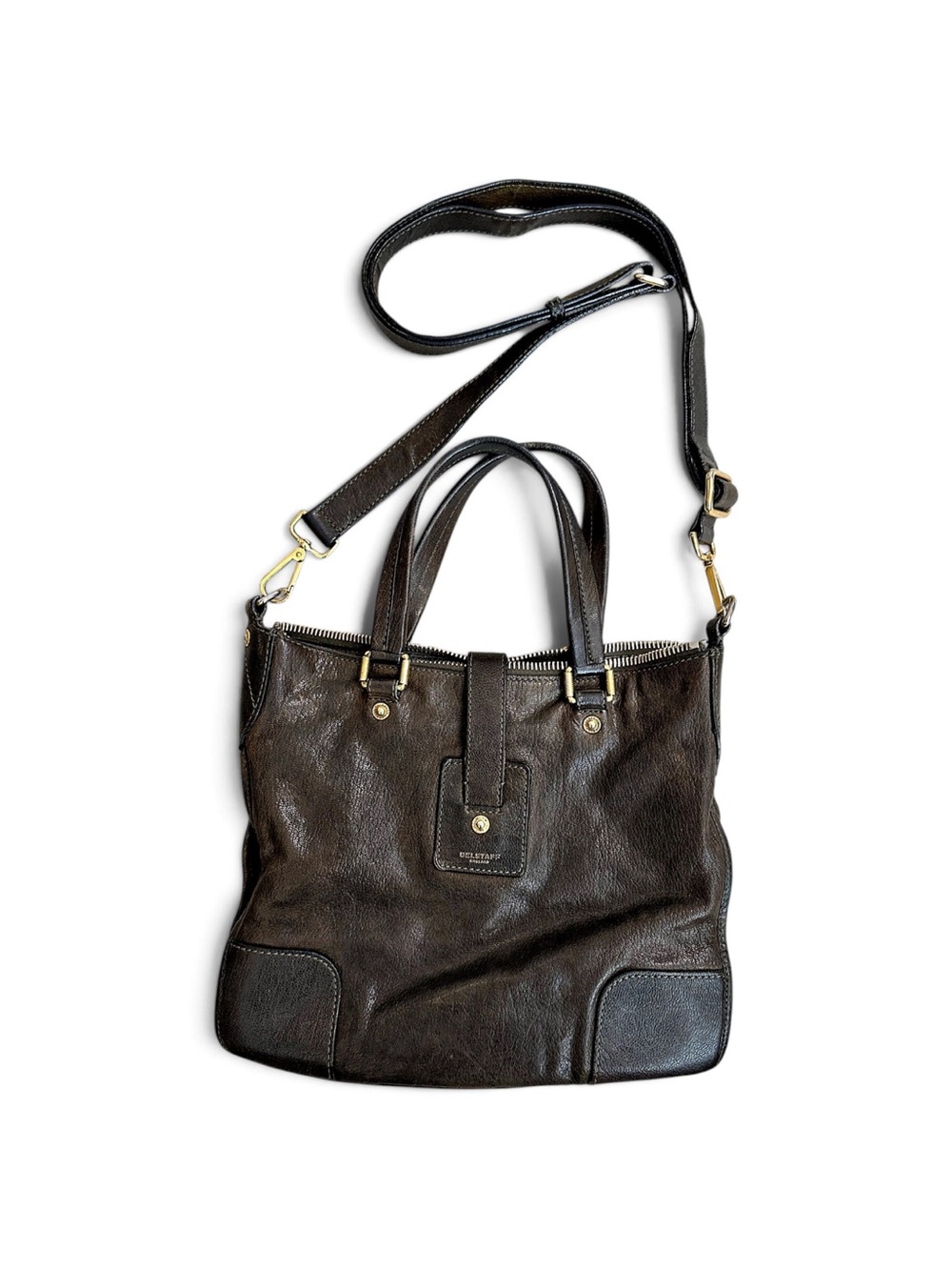 Belstaff Dark Brown Leather Crossbody Tote with Gold Hardware